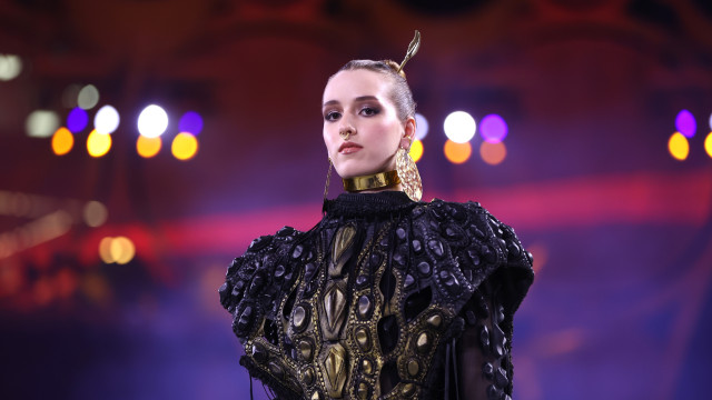 A model takes to the catwalk during the Sustainable fashion show as part of the 2023 United Nations Climate Change Conference (COP28) at Expo City Dubai in Dubai, UAE, 06 December 2023